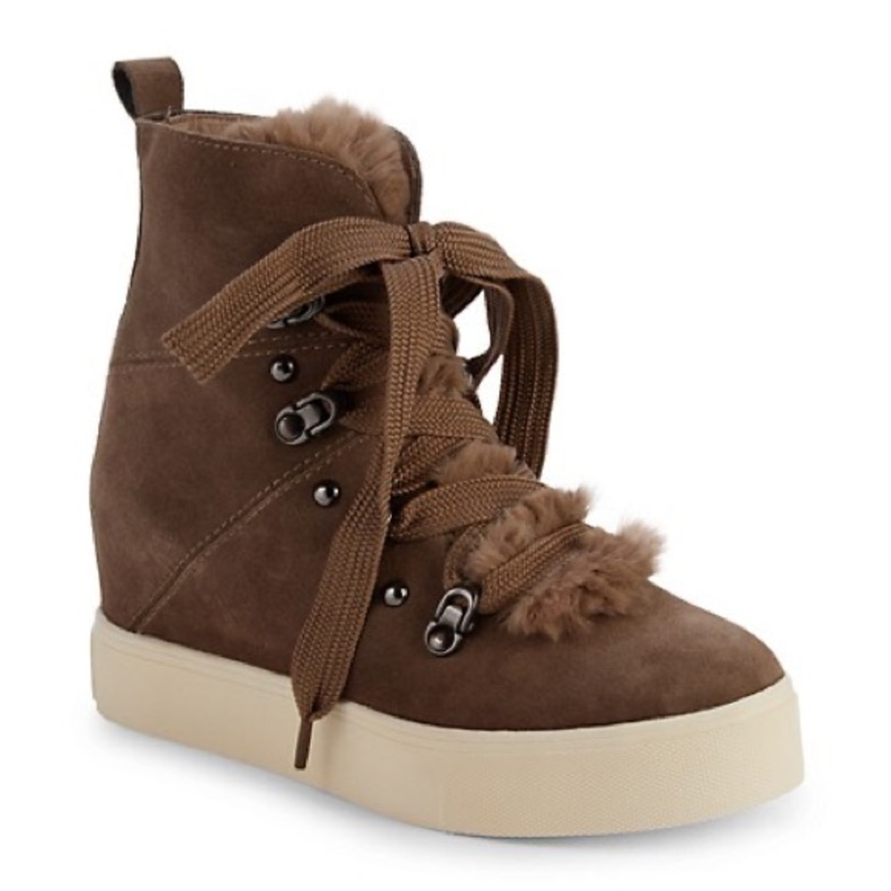 J/slides taupe whitney faux fur wedge sneakers 7.5